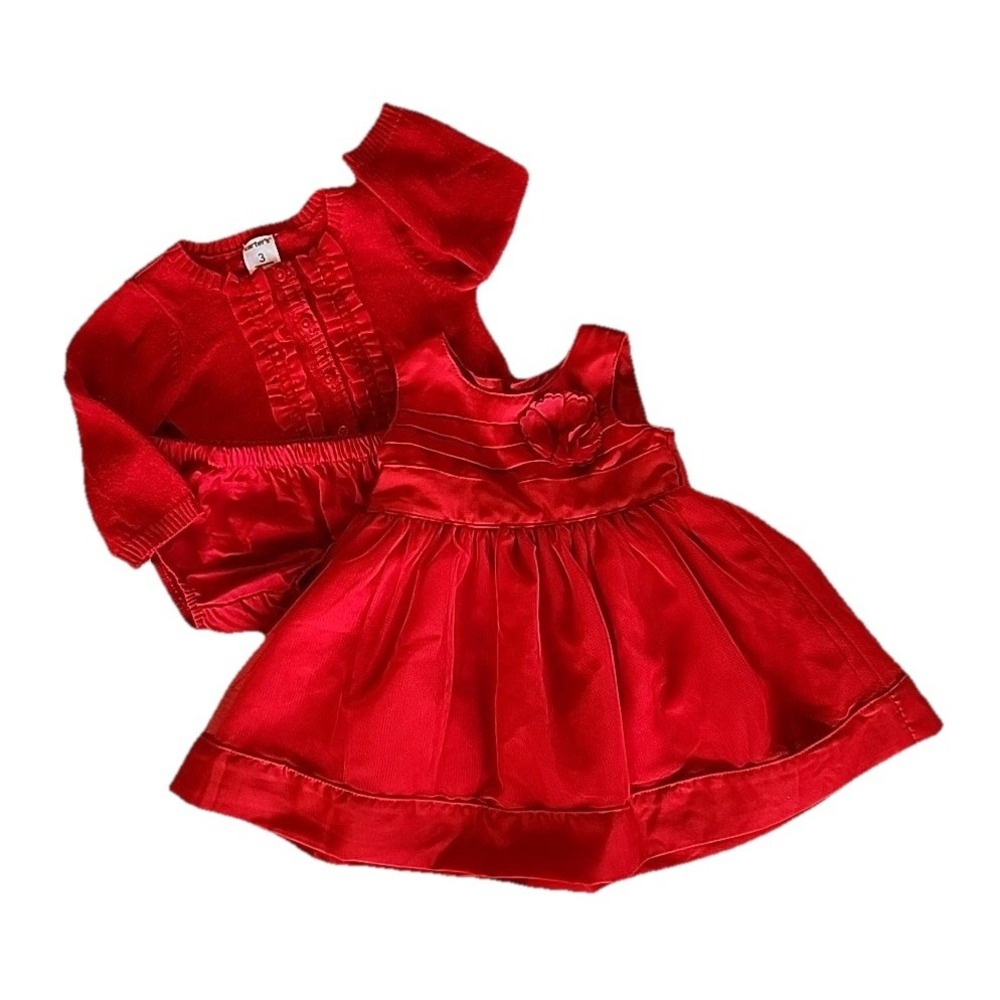 Holiday Dress Bloomers Sweater Christmas Party‎ 3 Piece Red Infant Girls Sz 3M